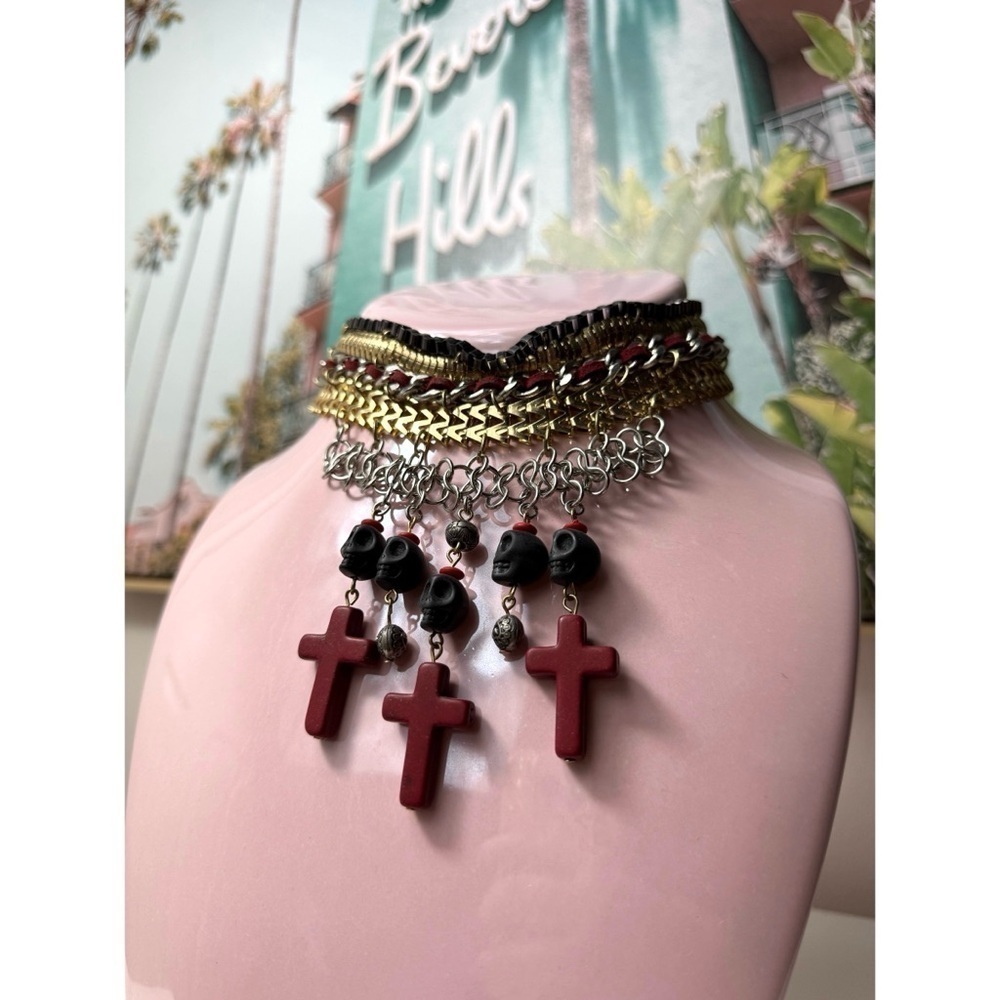 Topshop Gold Silver Stacked Chain Choker Necklace Black Skull Red Cross Pendants